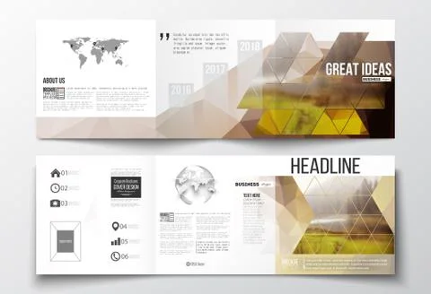 Vector set of tri-fold brochures, square design templates. Colorful polygonal 스톡 일러스트