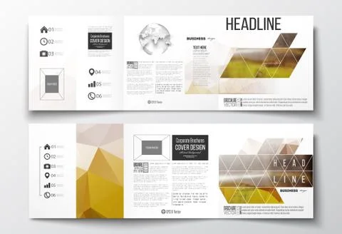 Vector set of tri-fold brochures, square design templates. Colorful polygonal 스톡 일러스트