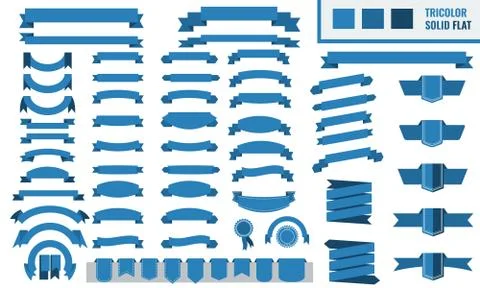 Vector set of tricolor, flat, long and short ribbon banners. Trendy Blue color. Stock Illustration