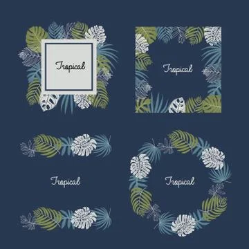 Vector set of tropical leaves, pattern brush, frame border design Illustrazione stock