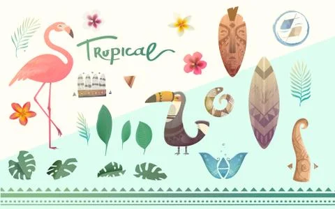 Vector set of tropical plants and animals. Stock Illustration