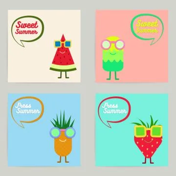 Vector Set of Tropical Summer Fruit Character Card Collection Illustrazione stock
