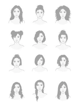 Vector set of twelve different hairstyles women. Sketch style illustration. H Stock Illustration