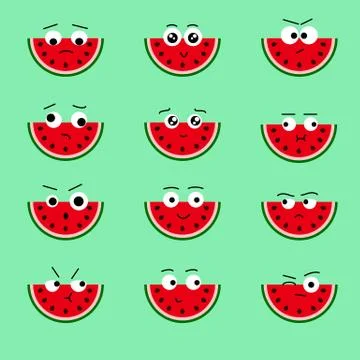Vector set of twelve isolated watermelons-emoticons cartoon style character i Stock Illustration