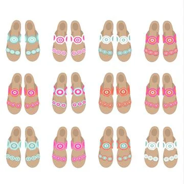 Vector set of twelve pairs of beach flip flops in mint and pink tones Stock Illustration