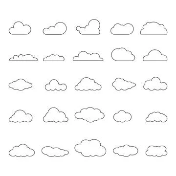 Vector set of twenty five minimalist cloud outline icons in various shapes 库存插图