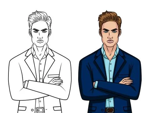 Vector set of two angry businessman: colorful character and line silhouette i Stock Illustration
