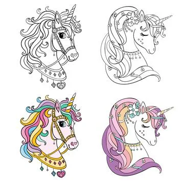 Vector set of two cartoon unicorns heads coloring Stock Illustration