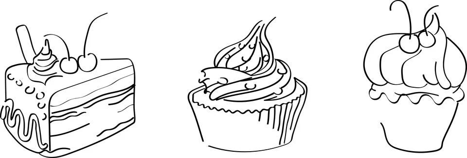 Vector set of two cupcakes and a piece of cake on a white background Stock Illustration