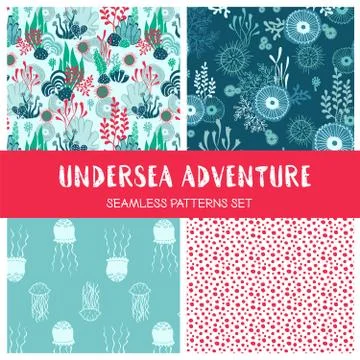 Vector set of underwater seamless patterns with seaweeds Stock Illustration