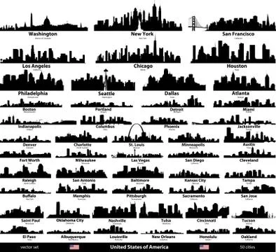 Vector set of United States cities skylines silhouettes Stock Illustration