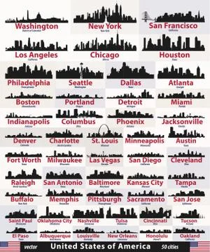Vector set of United States cities skylines silhouettes Stock Illustration