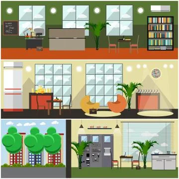 Vector set of university interior posters, banners in flat style Stock Illustration