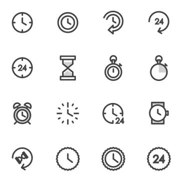 Vector set of utline icons indicating the time, management imer, alarm clock Stock Illustration