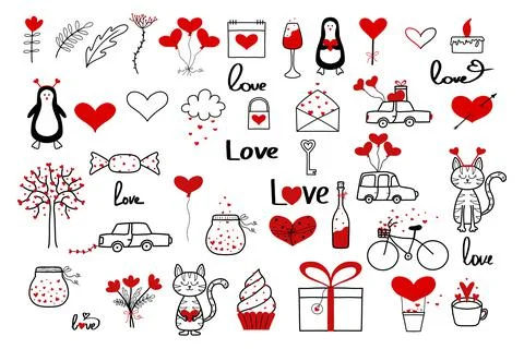 Vector set of Valentines Day elements.Doodle style Illustrazione stock