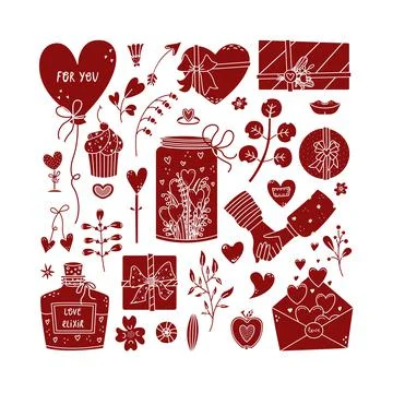 Vector set for Valentine's Day with flowers, plants, gifts in the simple styl Stock Illustration
