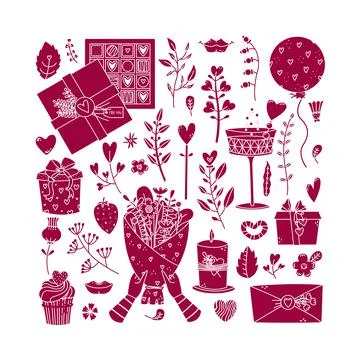 Vector set for Valentine's Day with flowers, plants, gifts in the simple styl Stock Illustration