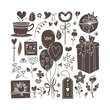Vector set for Valentine's Day with flowers, plants, gifts in the simple styl Illustrazione stock