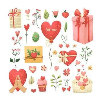 Vector set for Valentine's Day with flowers, plants, gifts in the flat style Illustrazione stock