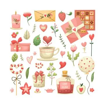 Vector set for Valentine's Day with flowers, plants, gifts in the flat style Illustrazione stock