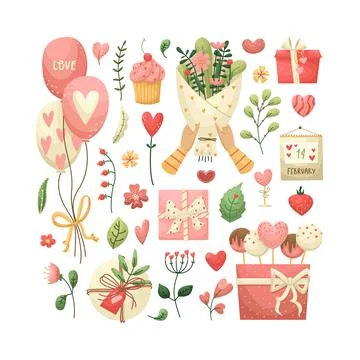 Vector set for Valentine's Day with flowers, plants, gifts in the flat style Stock Illustration