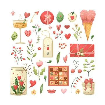 Vector set for Valentine's Day with flowers, plants, gifts in the flat style Illustrazione stock