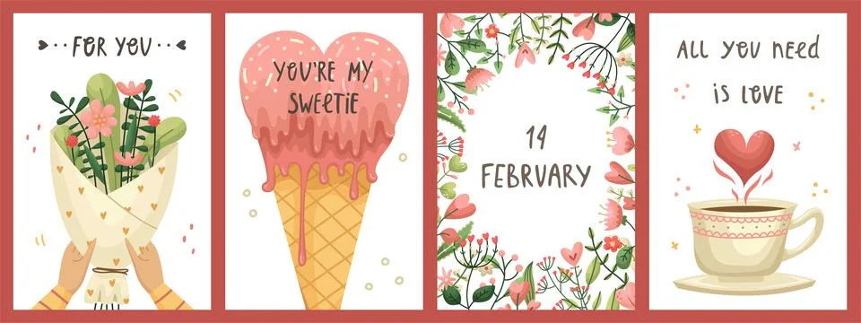 Vector set of Valentines day greeting cards. Flat style Stock Illustration