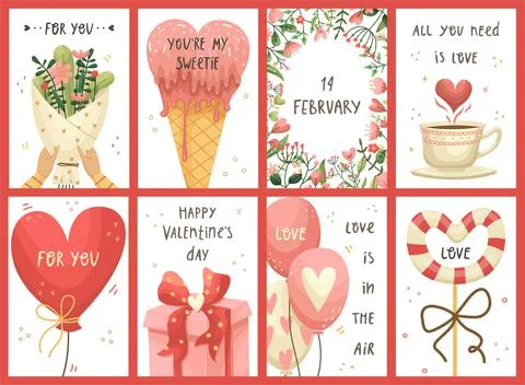 Vector set of Valentines day greeting cards. Flat style Illustrazione stock