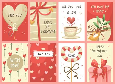 Vector set of Valentines day greeting cards. Flat style Stock Illustration