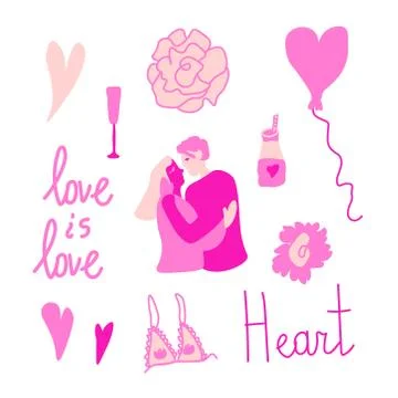 Vector set for Valentine's Day with pink color in doodle style Stock Illustration