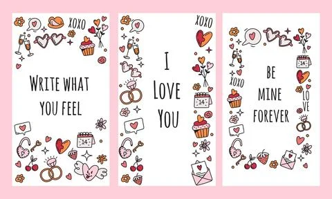 Vector set of valentines day social posts,storys with symbols in doodle style Stock-Illustration