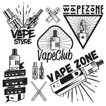 Vector set of vape shop labels in vintage style. Design elements, icons, logo Stock Illustration