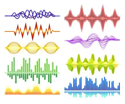 Vector set of various abstract music waves. Sound vibrations. Digital equalizer 스톡 일러스트