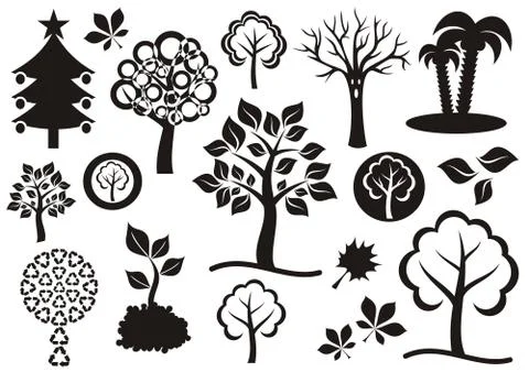 Vector set of various black tree icons isolated Stock Illustration