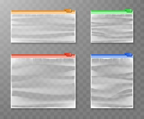 Vector set of various closed empty transparent plastic zipper bag isolated on Stock Illustration