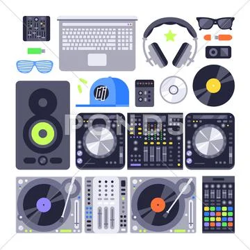 Vector set various stylized dj music equipment icon nightclub mixing turntable Stock Illustration