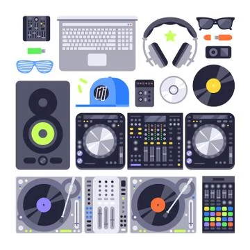 Vector set various stylized dj music equipment icon nightclub mixing turntable Stock Illustration