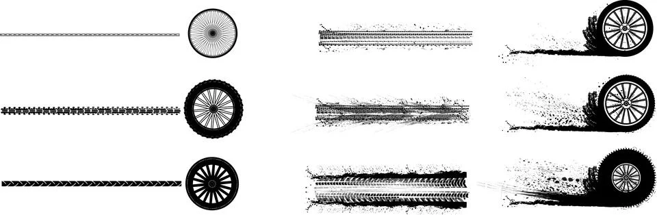 Vector set of various tire tracks, wheel prints, and grunge ink splatters on Stock Illustration