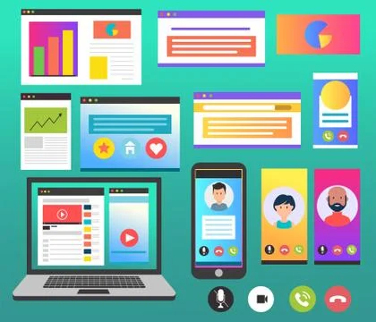 Vector set of various web and mobile pages designs and interfaces over blue Stock Illustration