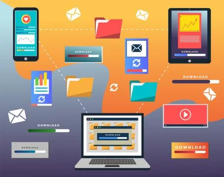 Vector set of various web and mobile pages designs and interfaces over blue Stock Illustration