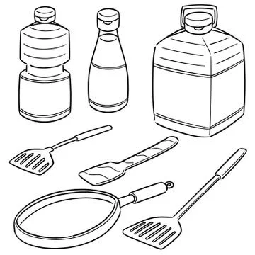 Vector set of vegetable oil, pan and flipper Stock Illustration