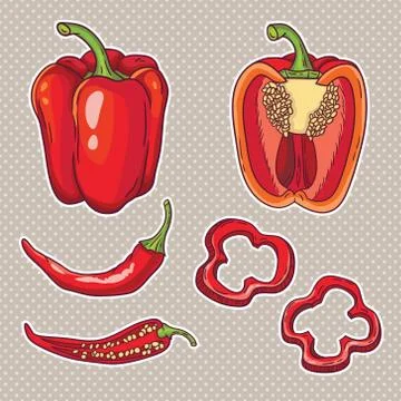 Vector set with vegetables: peppers isolated on white Stock Illustration