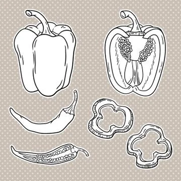 Vector set with vegetables: peppers isolated on white Stock Illustration