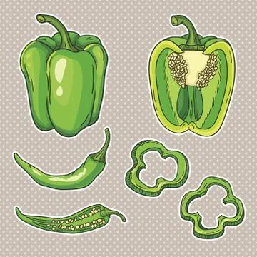Vector set with vegetables: peppers isolated on white Stock Illustration