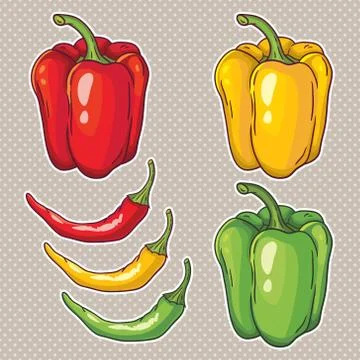 Vector set with vegetables: peppers isolated on white Stock Illustration