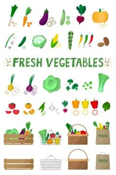 Vector set of vegetables for your design. Images of baskets,boxes. Stock Illustration