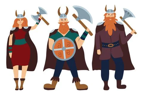 Vector set of vikings with axes. Stock Illustration