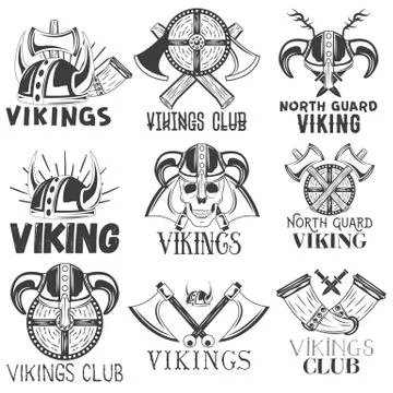 Vector set of vikings labels in vintage style. Design elements, icons, logo Stock Illustration