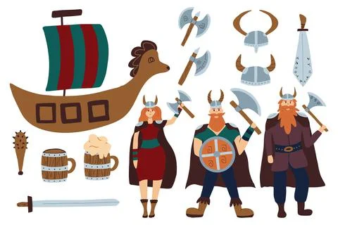 Vector set of vikings. Viking objects set. Stock Illustration