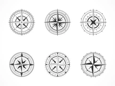 Vector set of vintage compasses or marine wind roses. Stock Illustration